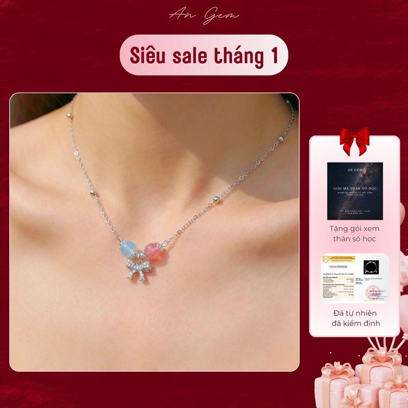 Dây chuyền nữ Ribbon An Gem mix đá tự nhiên Moonstone dâu hồng aquamarrine xà cừ vòng cổ nữ quà tặng tinh tế dịp lễ tết valentine sinh nhật TẶNG GÓI XEM THẦN SỐ HỌC