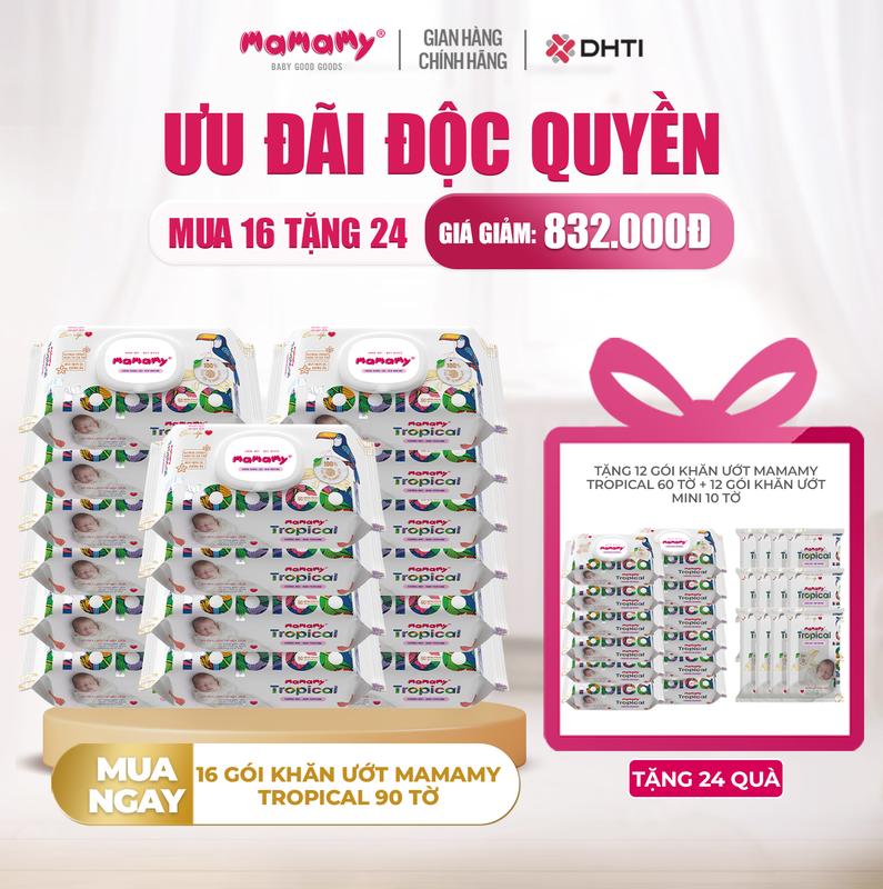 [TGMBS][MUA 16 TẶNG 24] MUA 16 gói khăn ướt Mamamy Tropical 90 tờ không hương thơm TẶNG 12 gói khăn ướt 60 tờ + 12 gói khăn ướt mini 10 tờ