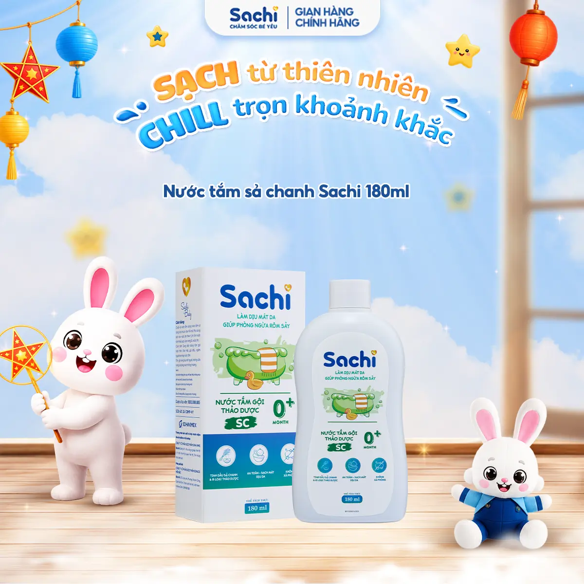 Nước Tắm Thảo Dược SACHI Sả Chanh 180ml hỗ trợ ngừa rôm sảy, dịu mát da cho bé