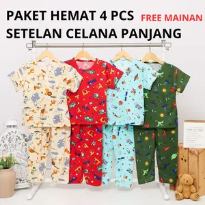 IRU KIDS - 4 PCS PAKET SETELAN ANAK CELANA PANJANG PRINTING COWOK DAN CEWEK UNISEX USIA 0-6 TAHUN FREE MAINAN