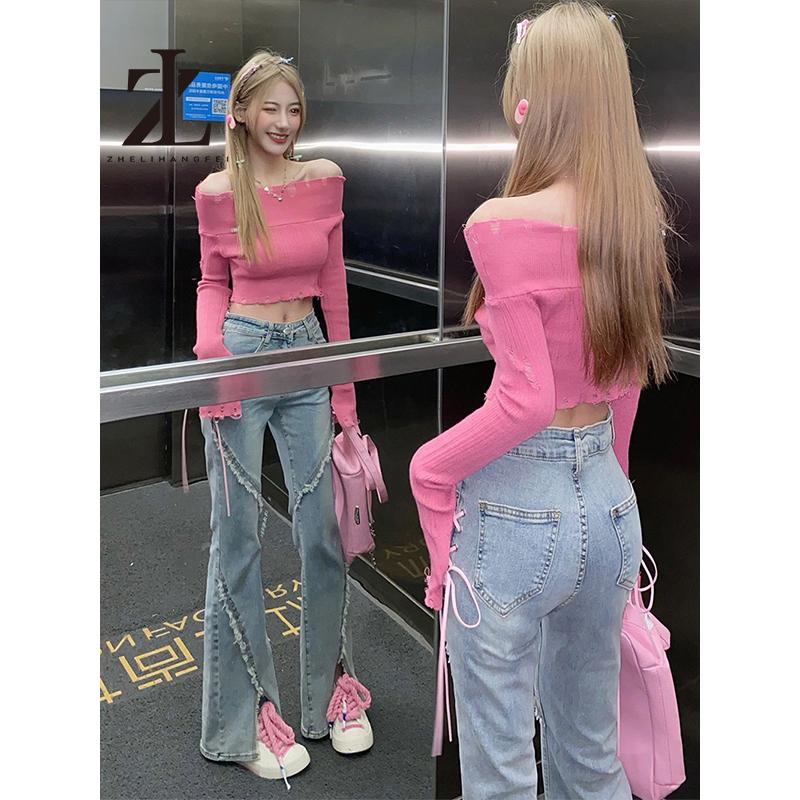 Mới Áo sweater Trễ Vai Tay Dài Dáng Ôm Màu Hồng Phong Cách Thời Trang Pháp