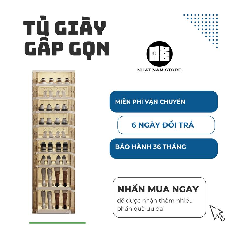 [Mẫu mới] Tủ giày gấp gọn 18 đôi có 02 ngăn để giày boots - Mã 9102T-7-2G - Nhựa ABS & Mica cao cấp có bánh xe ẩn, trong suốt 3 mặt