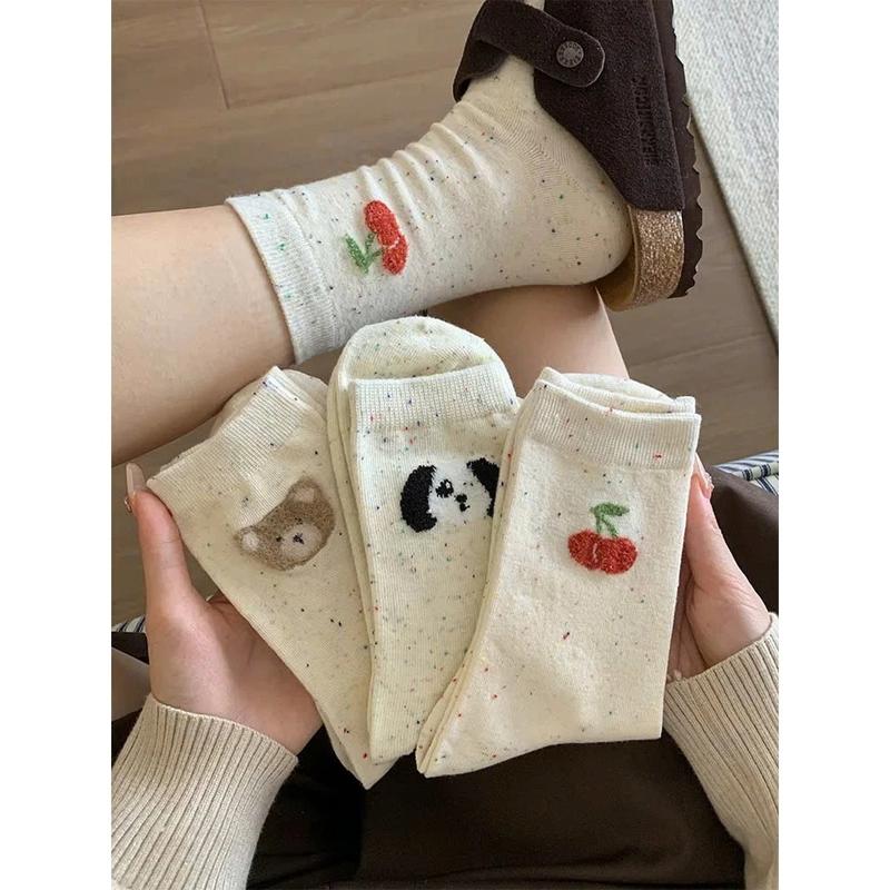 Tất Cao Cho Nữ, Màu Muối Và Hạt Tiêu, Họa Tiết GẤU CHERRY, Phong Cách Hàn Quốc 3