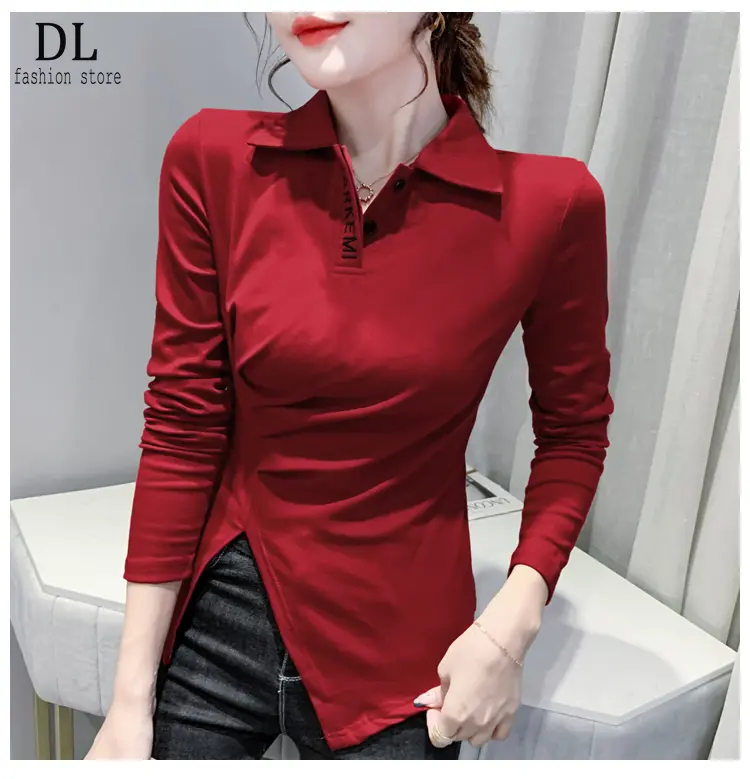 DL Irregular long sleeved 3XL pleated t-shirt autumn outfit 2025 new bottom layer for women with slim fitting slit red top