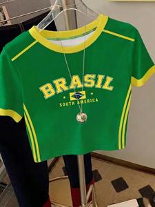 Camiseta deportiva de béisbol para mujer con impresión del escudo “Brasil”, sexy, ajuste entallado, moda moderna, juvenil, casual, estilo retro y minimalista