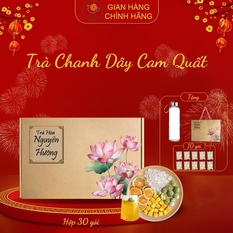   Tặng 10 Gói+Bình Thủy Tinh  Trà Chanh Dây Cam Quất Hộp 30 Gói Thanh Nhiệt Trắng Da Trà Hoa Nguyên Hương 