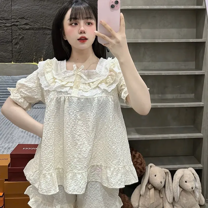 (Màu Pastel) Bộ Ngủ Nữ, Bộ Pijama Mặc Nhà Nữ Chất Đũi Gạo Nhiều Màu Mịn Mềm, Thấm Hút Tốt, Áo Ngủ Phối Ren Tiểu Thư Quần Ngủ Freesize Women Nhung Voi Kem Tim Nho đũi  xốp 5