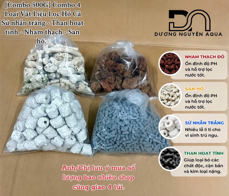 Combo 4 Loại Vật Liệu Lọc Hồ Cá: Than Hoạt Tính - Sứ Trắng - San Hô - Nham Thạch
