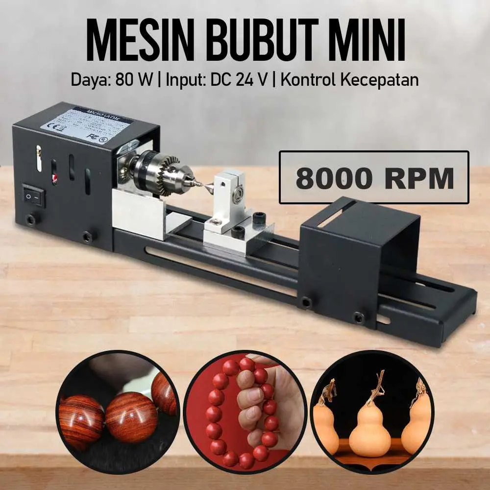 Mesin Bubut Mini Lathe Wood Metalworking DIY 80W - HS001 - Black