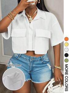 Camisa de mujer de color sólido con manga corta, top corto casual con diseño de bolsillo elástico para verano, ropa de mujer para uso diario