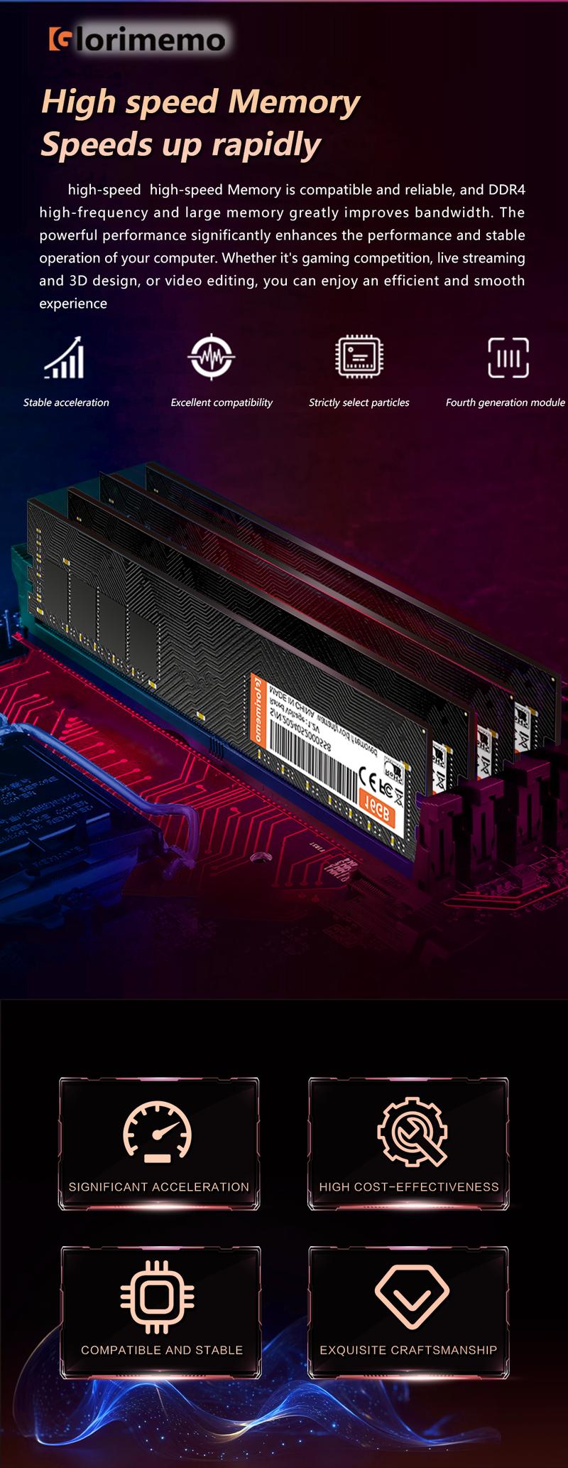 Product Introduction of Glorimemo RAM DDR4 16GB 3200MHz 2PC Desktop computer Dual channel 3200MHz DDR4 DIMM Memoria Ram ddr4 Desktop Memory Rams DDR4 Dual channel 2PC 2