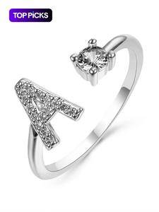 Anillo tipo brazalete de verano 2024 con decoración de letras creativas y circonia artificial, anillo abierto ajustable, accesorios de bisutería para mujeres y niñas