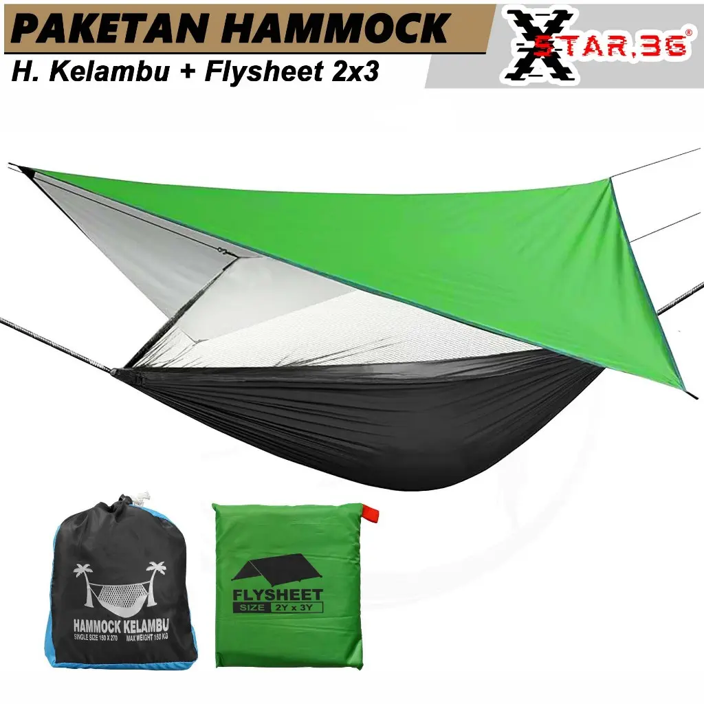 Paketan Hammock kelambu + Flysheet 2x3 yard paket hemat ayunan jaring kelambu flysheet waterproof