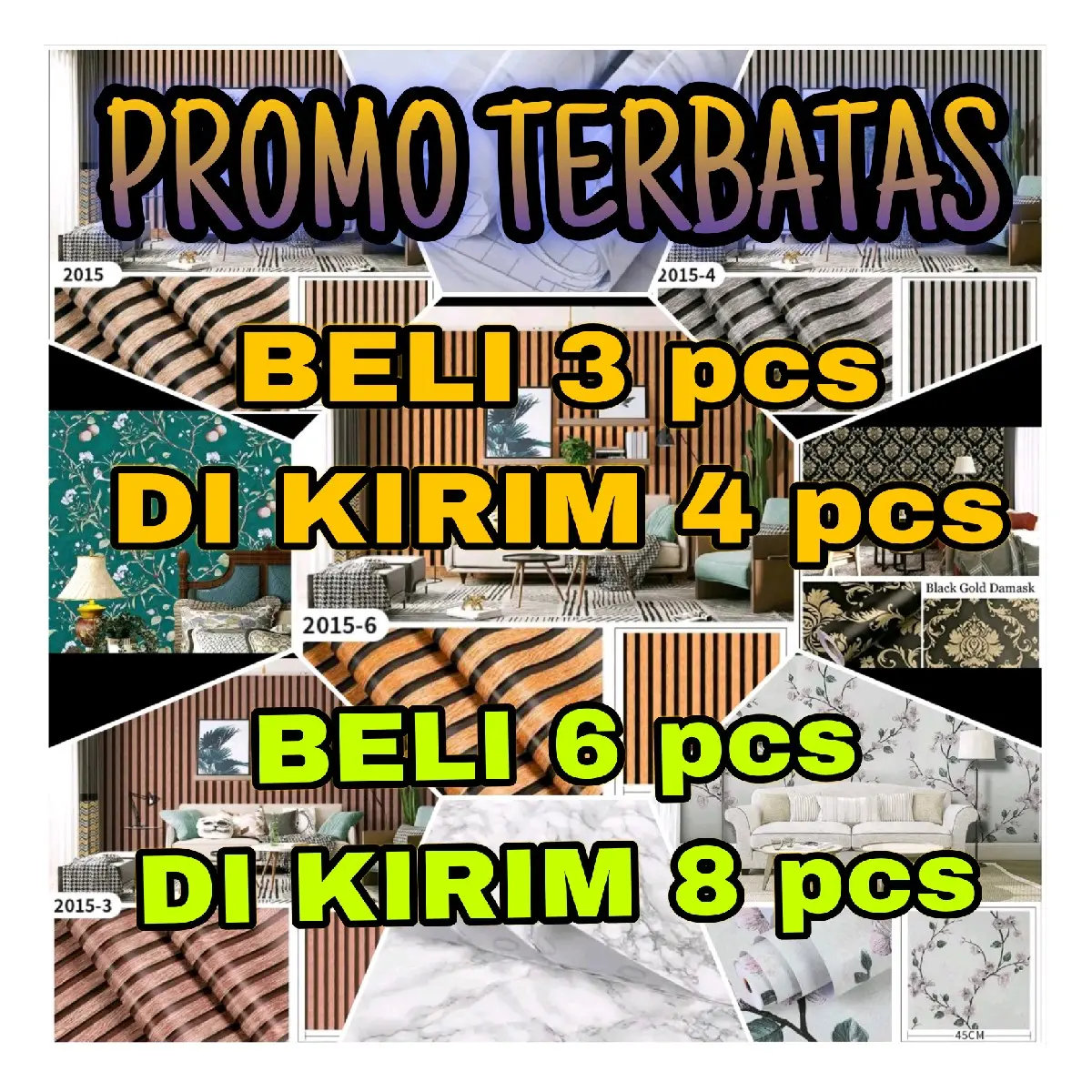 PROMO TERBATAS BELI 3 Roll DI KIRIM 4 Roll , wallpaper dinding kertas pvc anti cipratan air motif kayu garis marmer krem kotak abu bunga batik gold