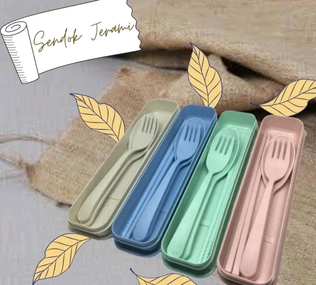 Sendok Set Garpu Sumpit Free Box Sendok Set Bahan Jerami + Kotak Sendok Set 3 in 1 Perlengkapan Makan Warna Warni Alat Makan
