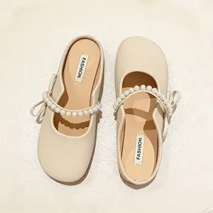 Sepatu Slip-On Wanita — Flat Berhias Pita — Sol Karet Lembut & Bahan Sintetis, Sepatu Kasual, Flat Ujung Bulat Warna Beige untuk Kenyamanan Sepanjang Musim & Desain Slip-On Praktis | Sepatu Segala Musim | Alas Kaki Detail Pita | Sepatu Flat Tahan Lama