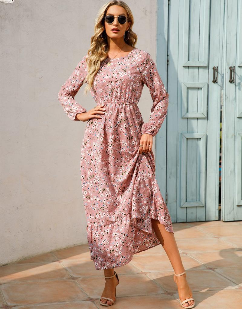 Product Introduction of Cross-Border Foreign Trade Spring and Autumn Floral Chiffon Dress Waist-Controlled Slimming Long Sleeve round-Neck Long Printed Dress Women's 6