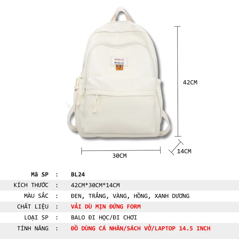Balo đi học nữ GENBAG balo ulzzang trơn basic nhiều ngăn đựng vừa laptop 14.5 inch BL24 Đeo Vai Backpack 1