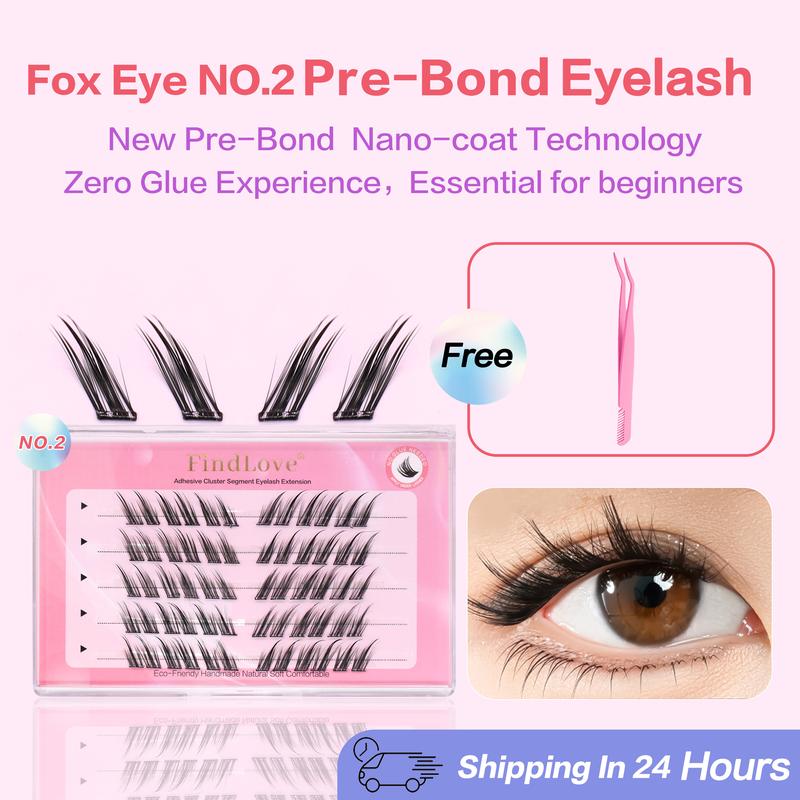 Product Introduction of [No Need Glue]Find Love Fox Eye NO.2 Pre-Bond Technology  No Glue Needed  DIY Eyelash  1-Step Press On Lashes Self Adhesive Reusable Natural Segmented  Long Lasting DIY Lash gluefree lashes Self-Adhesive C Curl Lashes 32