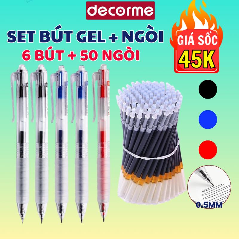 Set 6 bút +50 ngòi tặng 10 bút Bút gel bấm basic X02 Decorme 3 màu mực dệm tay êm viết không mỏi tiện lợi phù hợp học sinh sinh viên