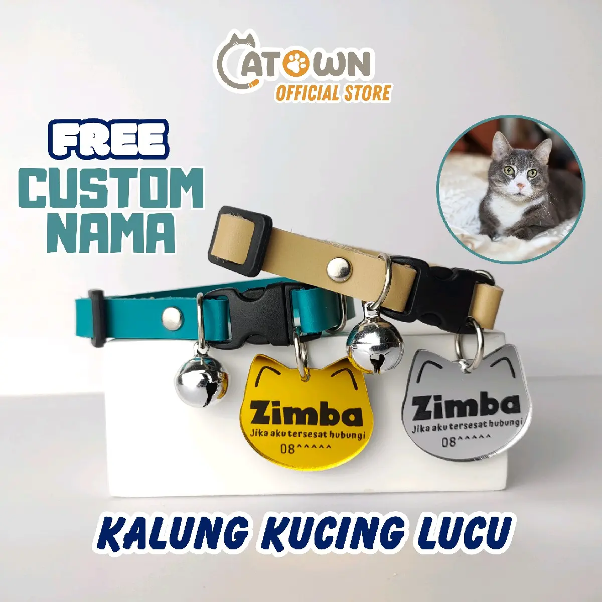 Kalung Kucing Custom Lucu Anti Hilang Bahan Kulit Sintetis Berkualitas Catown