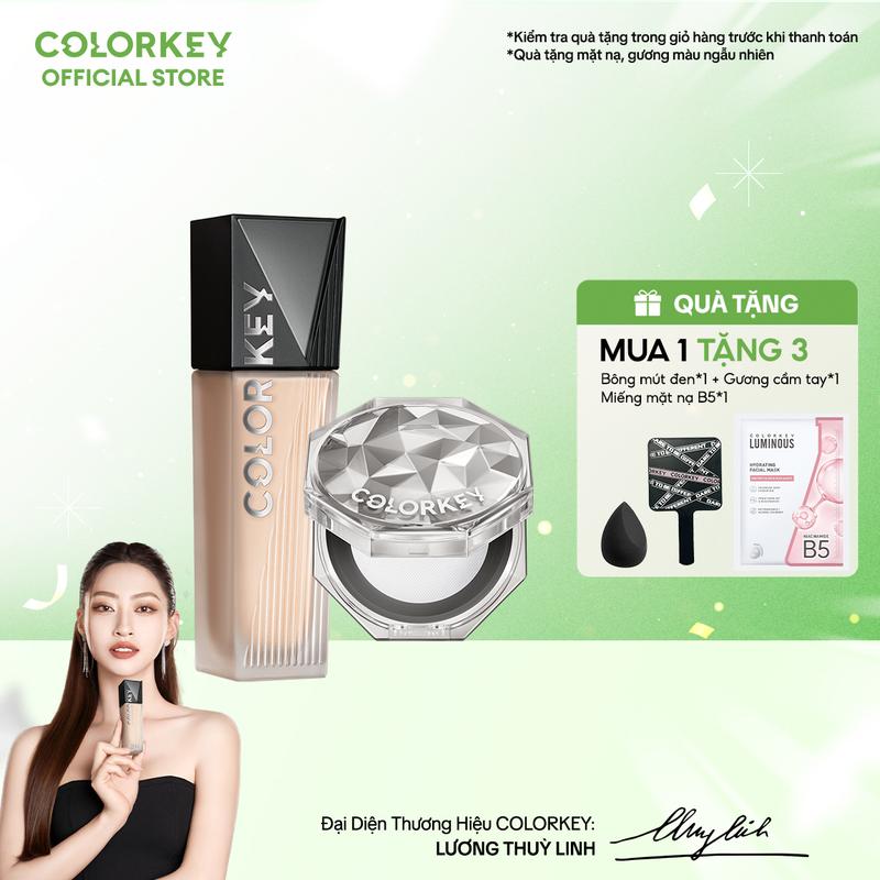 COMBO 1 Kem Nền COLORKEY PHIÊN BẢN NÂNG CẤP + 1 Phấn Phủ Cho Lớp Trang Điểm Lì Mỏng Nhẹ, Không Dễ Xỉn Màu