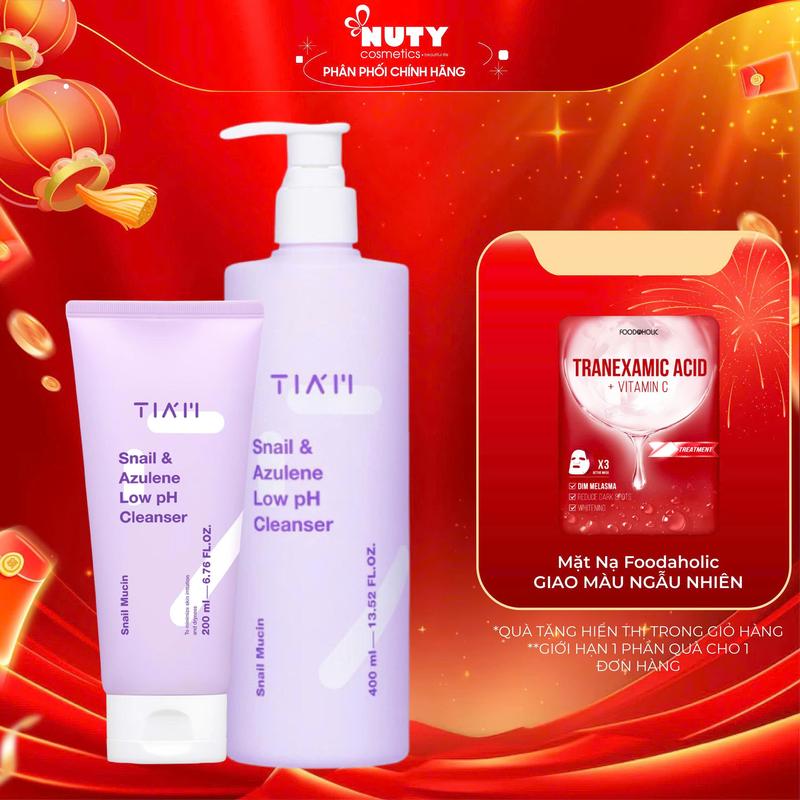   Tặng mặt nạ  Sữa Rửa Mặt Tiam Snail & Azulene Low PH Cleanser  200ml 400ml  | NUTY cosmetics beautiful life 
