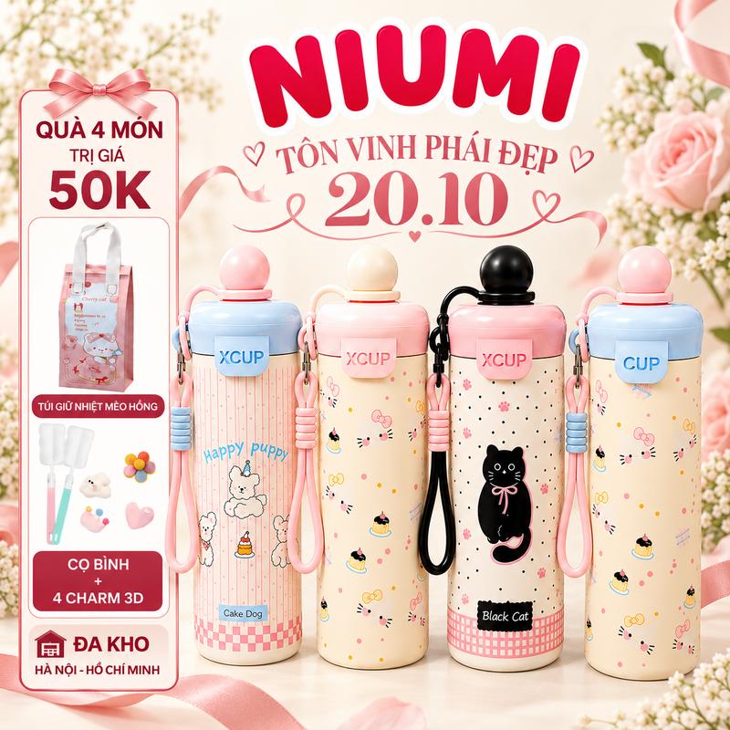 <Tặng Túi Giữ Nhiệt> Bình giữ nhiệt XCUP NIUMI ống hút mới, INOX 316, dung tích 600ml, màu gradient dành cho học sinh, sinh viên