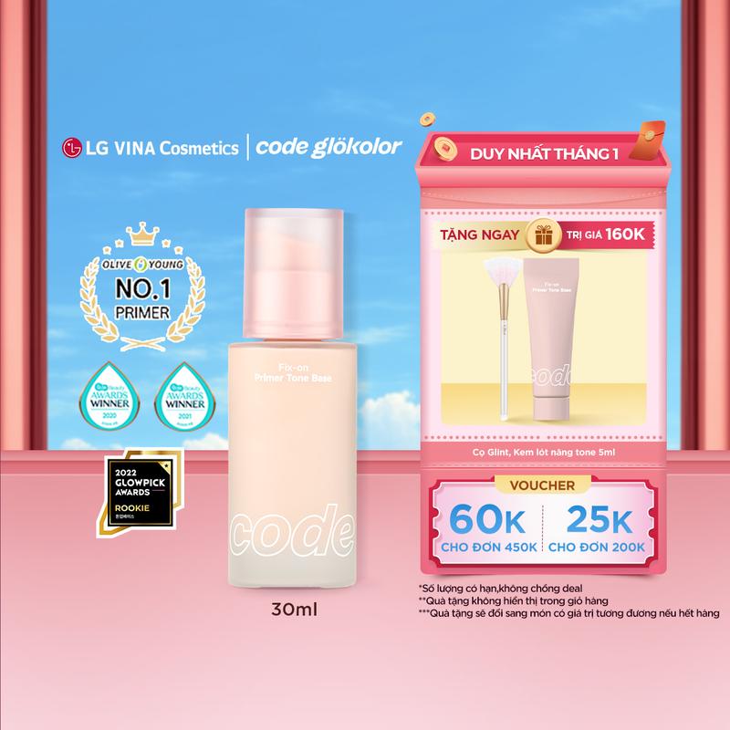 LG Makeup VN Kem lót trang điểm nâng tông làm mịn da Code Glokolor Fix-on Primer Tone Base 30ml che khuyết điểm kèm chống nắng SPF33 PA++
