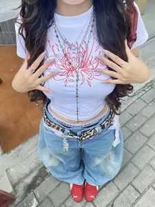 Nancy Society Y2K Crop Top Wanita Baby Tee Red Spider Lily T-Shirt Baby Tee Crop Top Wanita Cotton Combed 24s