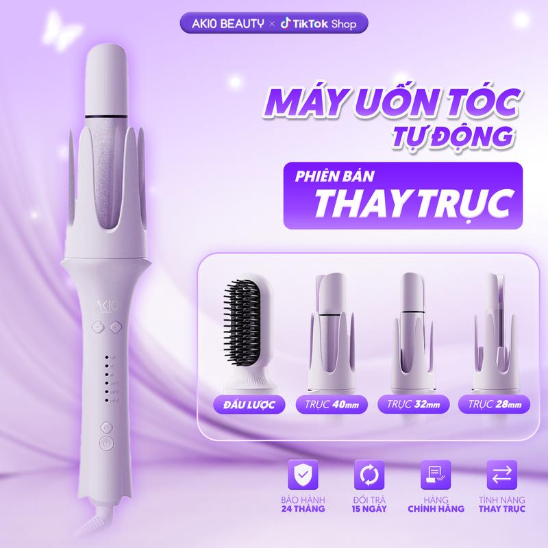 Máy uốn tóc tạo kiểu xoăn tự động AKIO 3 trục thay đổi đường kính uốn 28mm, 32mm  và đầu lược, hỗ trợ bảo hành 2 năm