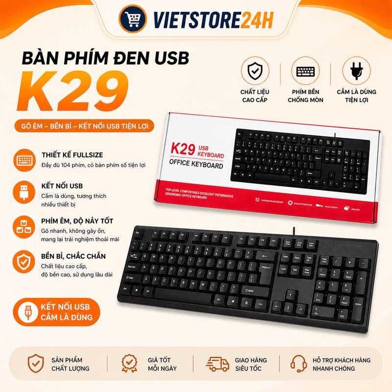 JEDEL K29 - BÀN PHÍM CÓ DÂY MÀU ĐEN, 104 PHÍM, CHỐNG NƯỚC | BH 1THÁNG