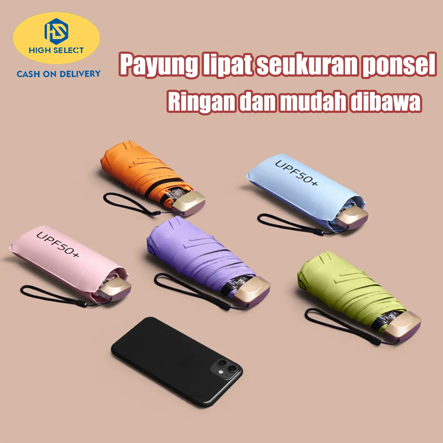 HIGH SELECT Payung Lipat Anti UV UPF 50+Payung lipat mini untuk cuaca cerah dan hujan Free Pouch