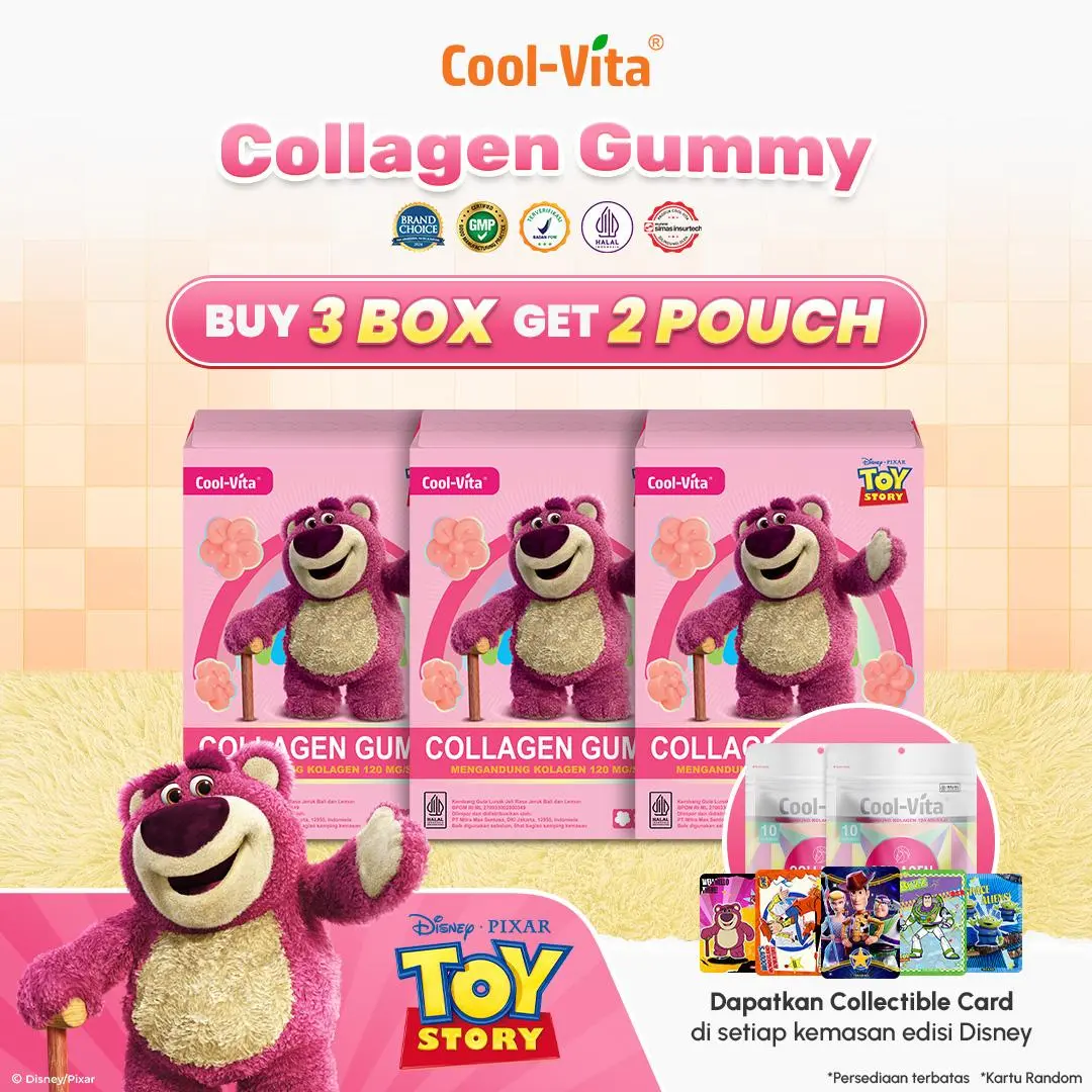[AIO-TT] Cool-Vita - Disney Toy Story5 - 3 Box Collagen Gummy + 2 Pouch Collagen Gummy Total 62 Sachet Rasa Jeruk Bali dan Lemon| Gummy Vitamin Mulai 12 Tahun hingga Dewasa|Gummy Collagen Peptide Bantu Jaga Kesehatan Kulit, Kuku, dan Rambut| BPOM & HALAL