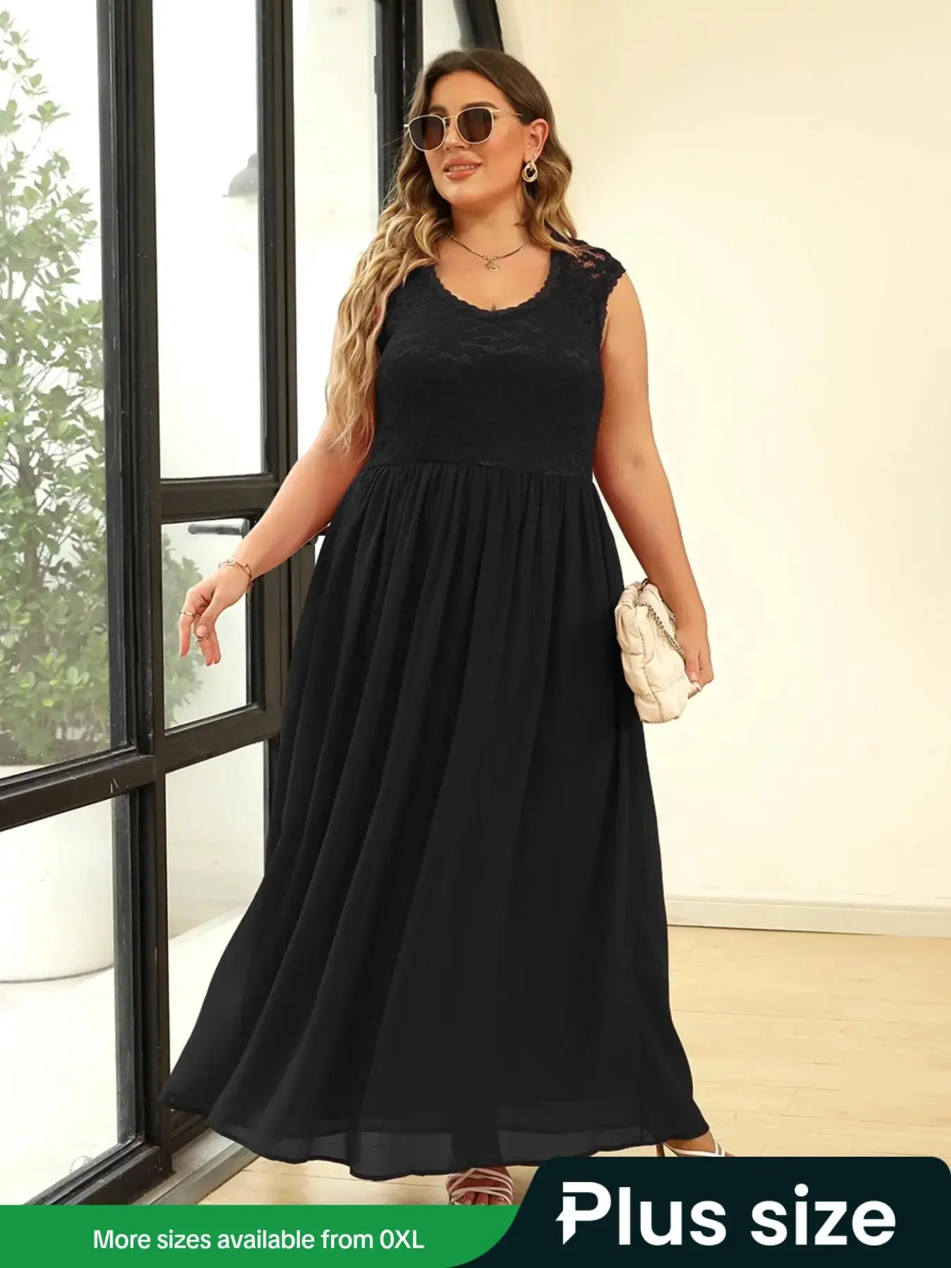 【Plus Size】 Contrast Lace Sleeveless Dress, Elegant V Neck Long Dress for Party Wedding Guest, Women's Clothes for Summer