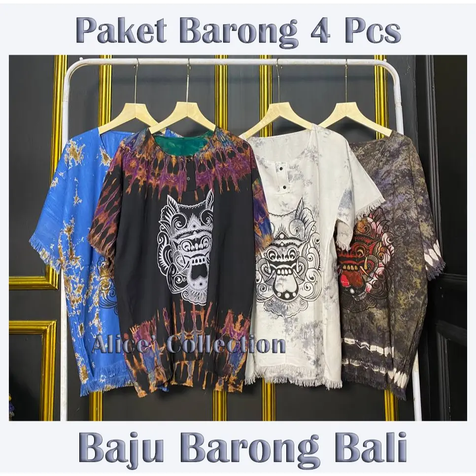Paket 4 Pcs Baju Barong Bali Motif - Atasan Pria Wanita Katun Rayon - Baju Pantai - Baju Santai Dewasa   Pendek