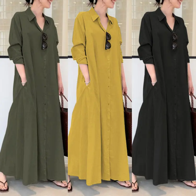 High Quality New Fashion Women Muslim Long Sleeve Simple Loose Casual Long Shirt Dresses