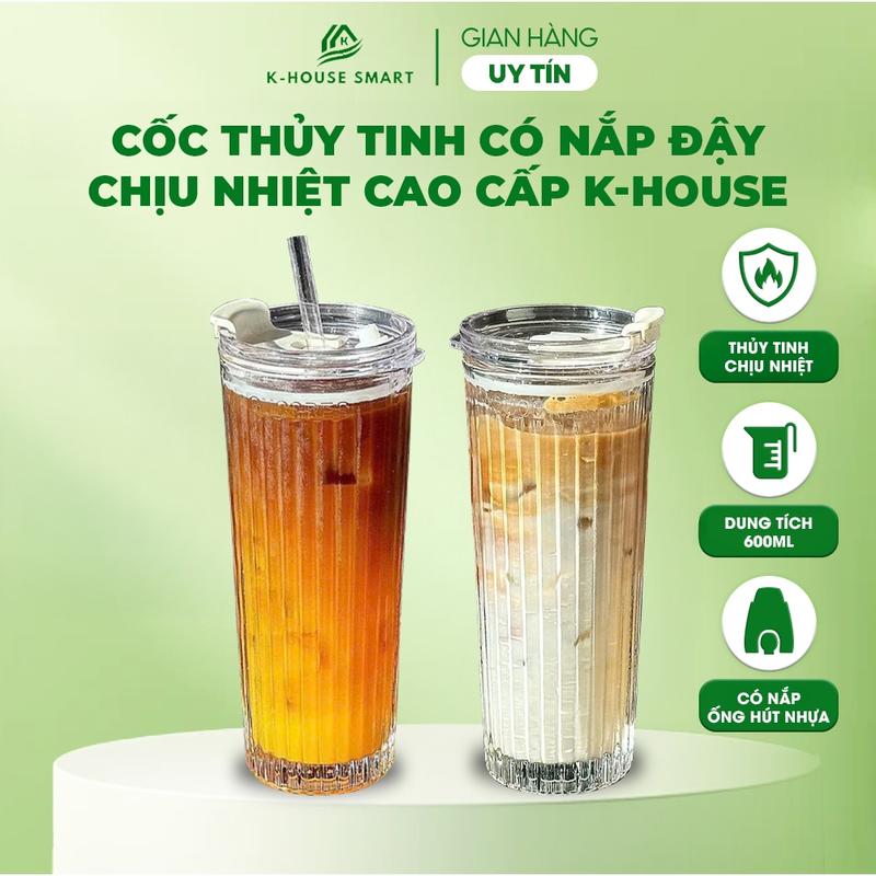 Cốc thuỷ tinh sọc dọc thẳng K House Smart 600ML cốc thuỷ tinh trang trí cute có nắp đậy ống hút SD1