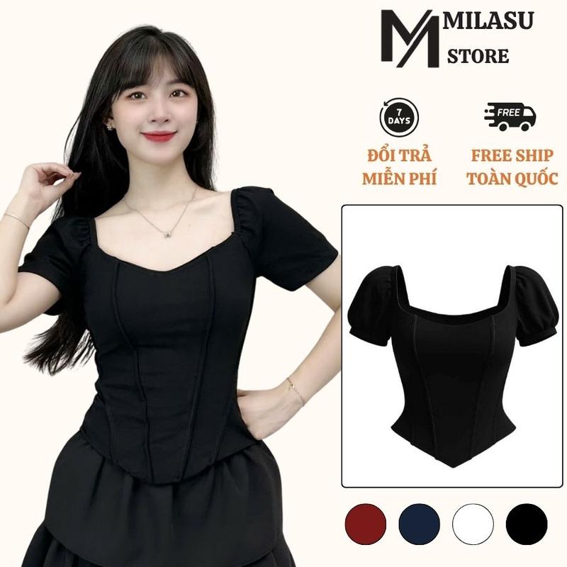 Áo Thun Ôm Body Tay Bồng MILASU Áo Cộc Tay Cổ Vuông Chất Thun Mềm Sang Trọng A418