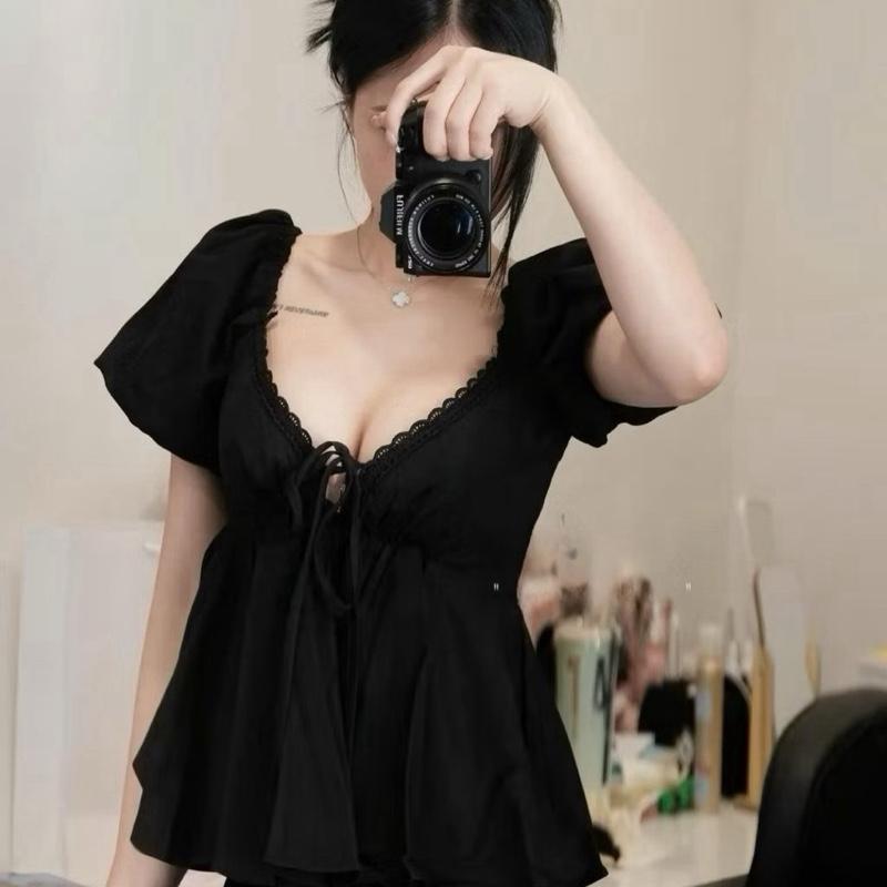 (BẢN CÓ CHUN SAU, KHÔNG KHOÁ KÉO) BIGSIZE - Áo Thô Nữ Tay Bồng Cổ Tim kéo khoá sau Viền Ren Fom Xòe Tôn Dáng, 55-95kg