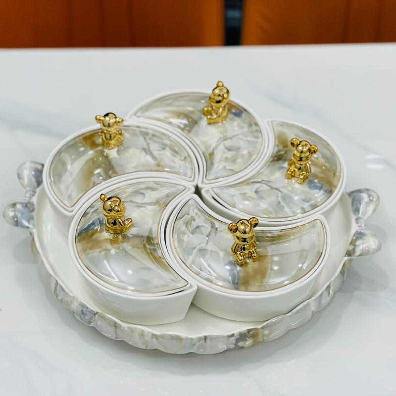  Khay Đựng Bánh Kẹo Mứt Tết Nhiều Ngăn - Khay Đựng Đồ Ăn Nhẹ Men Bóng Cao Cấp Vân Đá Sang Trọng Thiết Kế Tinh Tế 