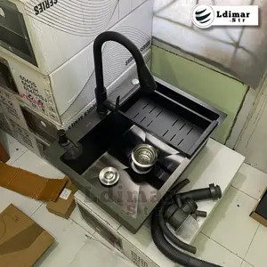 [ Cod ] - Bak Cuci Piring Hitam 1 Lubang Kitchen Sink Hitam Stainless Set Kran Tarik Wastafel Hitam Terlaris