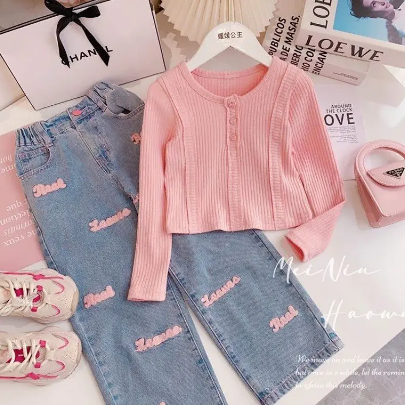 Setelan Anak Perempuan Import Jeans Cardigan Lengan Panjang Kancing Real Zeavea Bordir Fashionable