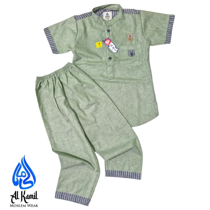 Setelan Kokokurta Anak Laki-Laki Bahan Katun Oxford dengan (Variasi Salur) Atasan Baju Muslim Lembut Celana Panjang Nyaman Kain Kombinasi Pendek 6
