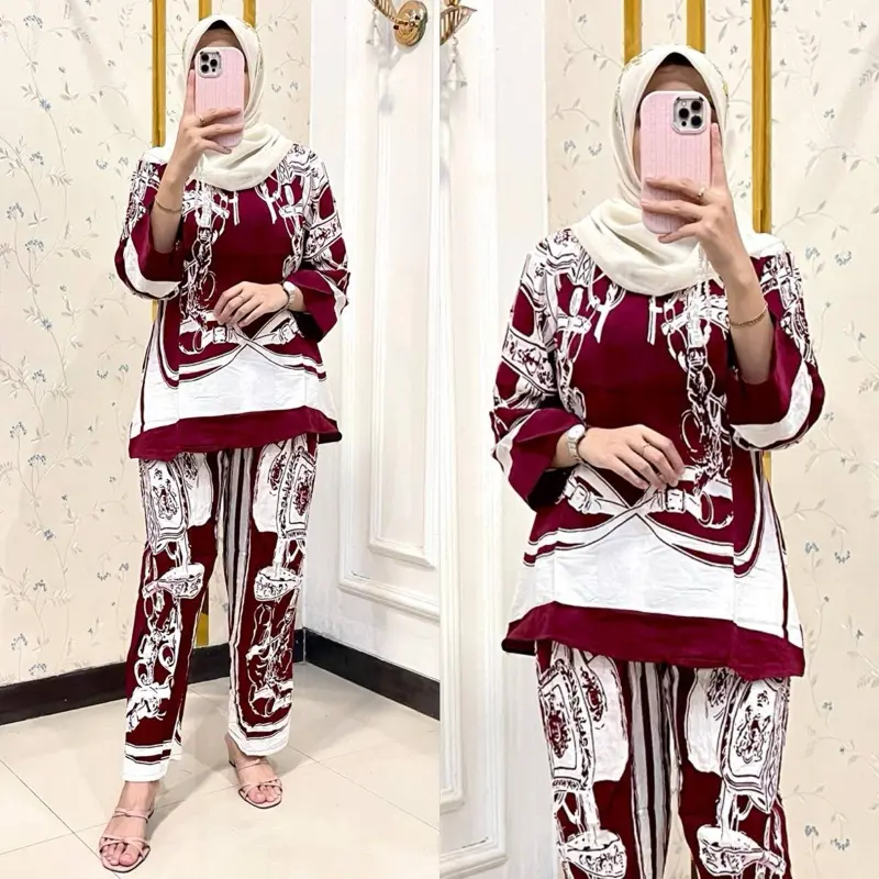 One set wanita kekinian salur kekinian layla rayon premium/Batik fashion/ dewasa Celana Panjang Setelan Wanita Formal Motif Nyaman 4