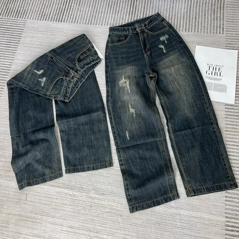 [LN101] Quần Jeans Ống Suông Phối Rách Nhẹ Nhàng Form Lỡ 95cm Màu Rêu Bụi Chất Vải QCCC Mềm, Mịn 1