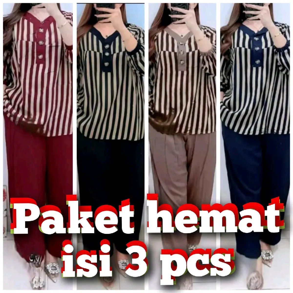(Paket Bundling isi 3 Pcs) Setelan Salur Katun Wanita Terbaru Navy Millo Hitam Marun dengan Lengan Kerut 7/8 Celana, Baju
