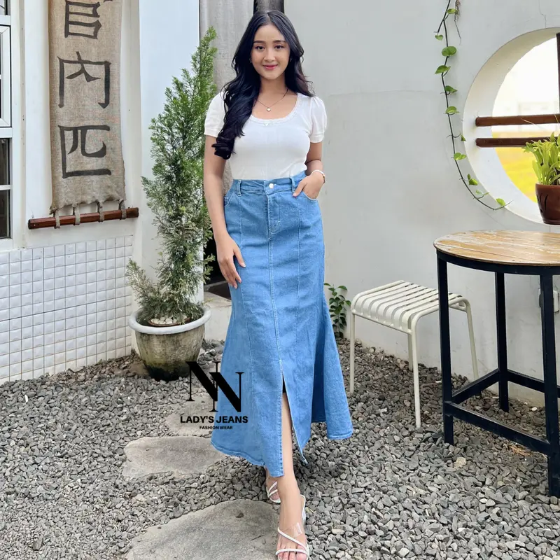 NN -  Mermaid Maxi Skirt Rok Duyung Wanita Casual Jeans Kancing Karet Belah Depan rok  duyung span rok  jeans Panjang Denim 1