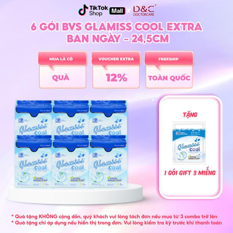 Combo 6 gói Băng vệ sinh ban ngày thảo dược Glamiss Cool Extra mát lạnh 24,5 cm