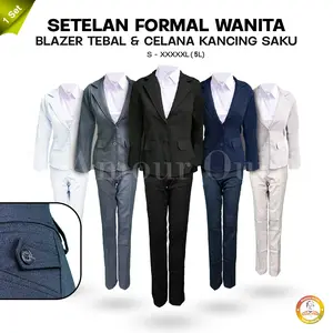 One Set Setelan Jas Blazer dan Celana Bahan Panjang Pinggang Wanita Stelan Jas Kerja Kantor Cewe Polos Dewasa Anak Jaket Blezer Kancing Cewek Pakaian Formal Kantoran  Seragam Hitam Rok Karet Line A Rempel Span Jumbo Big Size Cardigan Outer Perempuan Korea